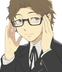  1boy adjusting_eyewear black_jacket black_ribbon brown_eyes brown_hair closed_mouth commentary_request dress_shirt fingernails glasses hiraga_keisuke isa_(peien516) jacket looking_at_viewer male_focus neck_ribbon persona persona_3 rectangular_eyewear ribbon semi-rimless_eyewear shirt short_hair simple_background smile solo under-rim_eyewear white_background white_shirt 