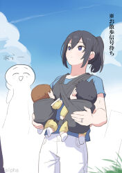  1girl 1other 2boys :d ^_^ alpha_(user_jxtj2385) baby baby_carrier baby_carry babywearing black_hair blue_eyes blue_shirt blue_sky brown_hair carrying carrying_baby carrying_person closed_eyes closed_mouth clouds collarbone commentary_request cowboy_shot cumulonimbus_cloud day double-parted_bangs earrings expressionless grass hair_between_eyes highres jewelry looking_ahead mother_and_child mother_and_son multiple_boys onesie original outdoors pants parent_and_child ponytail ring science_babies shirt short_hair short_sleeves sidelocks sky slice_of_life smile translation_request very_short_hair wedding_ring white_pants 