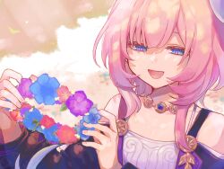  1girl bare_shoulders blue_eyes blue_flower blue_gem blue_jacket blunt_bangs collarbone cyrene_(honkai:_star_rail) cyrene_(philia093)_(honkai:_star_rail) diamond-shaped_pupils diamond_(shape) dress flower gem gold_necklace hair_ribbon half-closed_eyes hands_up head_wreath highres ho_u_u_bo holding holding_head_wreath honkai:_star_rail honkai_(series) jacket jewelry long_sleeves looking_at_object nail_polish necklace off_shoulder open_clothes open_jacket open_mouth pink_flower pink_hair pink_nails pink_pupils purple_flower ribbon short_hair sidelocks signature sleeveless sleeveless_dress smile solo symbol-shaped_pupils upper_body white_dress white_ribbon wide_sleeves 