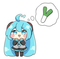  1girl :3 :d ahoge blue_eyes blue_hair blue_necktie blush_stickers chibi chibi_only commentary_request detached_sleeves double-parted_bangs drooling full_body hair_between_eyes hatsune_miku heart heart_ahoge hungry long_hair necktie nukotun open_mouth simple_background smile solo speech_bubble spoken_food spring_onion standing thought_bubble twintails very_long_hair vocaloid white_background 