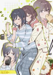  2girls black_hair blue_eyes blue_shirt blush braid broccoli brown_hair chinese_commentary closed_eyes coffee_mug commentary_request cuddling cup drinking earrings flower_earrings fried_egg grey_pants grid_background haidao_mao half_up_braid highres holding holding_cup hug hug_from_behind jewelry long_hair miyagi_shiori mug multiple_girls pajamas pants parted_lips plate sendai_hazuki shirt shuuniichido_classmate_wo_kau_hanashi sleeping stud_earrings tomato toothbrush violet_eyes yellow_pants yellow_shirt yuri 