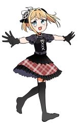  1girl absurdres black_choker black_dress black_gloves black_ribbon blonde_hair blue_eyes choker commentary_request cross-shaped_pupils dress frilled_dress frills full_body gloves hair_intakes hair_ornament hama_(pondroid!_hama-san) hare_(tetterutei) highres horizontal_pupils kneehighs lace lace_shawl no_shoes plaid_clothes plaid_skirt pondroid!_hama-san red_skirt ribbon short_hair skirt socks solo symbol-shaped_pupils tearing_up thick_eyebrows 