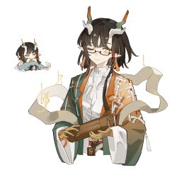  1girl arknights black_hair chaosneh chibi chibi_inset chinese_commentary closed_mouth colored_extremities commentary_request commission cropped_torso dragon_girl dragon_horns dragon_tail earrings eastern_dragon_horns eastern_dragon_tail eyeliner glasses green_robe highres horns jewelry jie_(arknights) long_sleeves looking_at_viewer makeup multicolored_hair one_eye_closed orange_eyeliner pointy_ears robe second-party_source shawl shirt short_hair simple_background smile solo tail upper_body white_background white_shirt yellow_hands 
