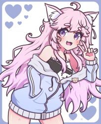  1girl absurdres ahoge animal_ear_fluff animal_ears ant_(db_antlion) blue_jacket cat_ears cat_girl cat_hair_ornament commentary english_commentary hair_between_eyes hair_ornament highres jacket long_hair looking_at_viewer nyatasha_nyanners nyatasha_nyanners_(1st_costume) off_shoulder pink_hair smile solo v violet_eyes virtual_youtuber vshojo 