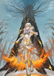  1girl absurdres burning burning_clothes clouds commentary_request dress elbow_gloves fantasy fire forest fur-trimmed_dress fur-trimmed_gloves fur_trim gloves hidama_fudou highres magic multicolored_hair nature original purple_hair pyrokinesis sky snow tree white_dress white_hair 