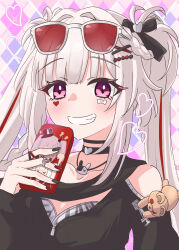  1girl absurdres bare_shoulders black_choker blush breasts butterfly-shaped_pupils choker commentary_request eyewear_on_head facial_mark grin hair_ornament heart heart_facial_mark highres holding holding_phone honkai:_star_rail honkai_(series) jewelry looking_at_viewer medium_breasts multicolored_hair necklace phone pink_eyes red_streaks ring simple_background smile solo sparkle_(honkai:_star_rail) sparxie_(candy-coated_waves)_(honkai:_star_rail) sparxie_(honkai:_star_rail) streaked_hair stuffed_animal stuffed_toy sunglasses symbol-shaped_pupils teddy_bear tenchan twintails two_side_up upper_body x_hair_ornament 