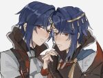  2boys alcryst_(fire_emblem) armor ascot blue_hair circlet closed_mouth fire_emblem fire_emblem_engage hair_between_eyes hair_ornament hairclip high_collar highres holding_hands looking_at_viewer male_focus multiple_boys red_eyes short_hair white_background wogesb 