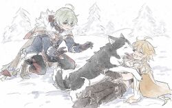  2boys aether_(genshin_impact) ahoge alyosha_(genshin_impact) animal animal_ears animal_nose arm_armor armor black_boots black_fur black_gloves black_pants black_shirt blonde_hair blue_jacket blush boots braid brown_boots brown_cape cape closed_eyes commentary_request day dog dog_ears dog_tail earrings feet_out_of_frame full_body fur-trimmed_boots fur-trimmed_cape fur_trim genshin_impact gloves green_hair hair_between_eyes hands_up hood hooded_cape husky jacket jewelry kotooooo88 laughing licking licking_another's_face long_hair long_sleeves looking_at_another low-braided_long_hair low-tied_long_hair lying male_focus midriff multiple_boys on_back open_mouth outdoors pants pine_tree scarf shadow shirt short_hair short_sleeves shoulder_armor single_braid single_earring sky smile snow snowing squatting star_(symbol) sweat tail teeth tongue tongue_out tree two-tone_fur white_fur white_scarf white_sky winter yellow_eyes 