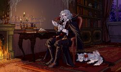  1boy absurdres alucard_(castlevania) black_boots black_cape black_coat black_pants bookshelf boots candle candlelight candlestand cape castlevania_(series) chair character_doll character_request check_character check_copyright closed_eyes closed_mouth coat collared_shirt commentary_request copyright_request desk dog dolby doll english_text faux_retro_artstyle fireplace frown full_body highres long_sleeves male_focus medium_hair night pants pixel_art retro_artstyle sewing shirt silk sitting skull spider_web super_castlevania_iv white_dog white_hair white_shirt window xiaohan_chulin yarn yarn_ball 