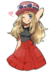  1girl :q ;q arm_behind_head arm_up black_shirt blonde_hair blue_eyes breasts collared_shirt commentary_request eyelashes eyewear_on_headwear fukumitsu_(kirarirorustar) hat heart long_hair one_eye_closed pink_hat pokemon pokemon_x_and_y red_skirt serena_(pokemon) shirt simple_background skirt sleeveless sleeveless_shirt small_breasts smile solo sunglasses tongue tongue_out white-framed_eyewear white_background 