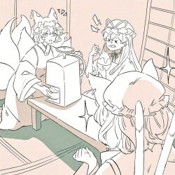  >_< 3girls animal_ear_piercing animal_ears animal_hat blush cat_ears cat_tail chen choker clenched_teeth commentary_request dress earrings food fox_tail hat hat_ribbon hoop_earrings ice_shaver indoors jewelry kitsune kneeling long_hair long_sleeves mob_cap mokoiscat monochrome multiple_girls multiple_tails nekomata open_mouth ribbon ribbon_choker shaved_ice shirt shouji single_earring sliding_doors smile table tail tatami teeth touhou two_tails very_long_hair vest yakumo_ran yakumo_yukari 