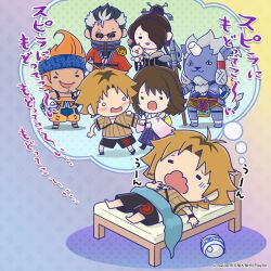  2girls 4boys artist_request auron ball black_hair blitzball blonde_hair blush brown_hair chibi commentary_request copyright_notice dissidia_duellum_final_fantasy dissidia_final_fantasy dreaming final_fantasy final_fantasy_x furry furry_male highres holding holding_ball holding_polearm holding_weapon kimahri_ronso lulu_(ff10) multicolored_hair multiple_boys multiple_girls official_art open_mouth orange_hair polearm speech_bubble thought_bubble tidus translation_request wakka weapon white_hair yuna_(ff10) 