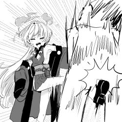  +++ 1boy 1girl :d bandage_on_face bandaged_leg bandages black_sandals blue_archive choppy_bangs closed_eyes cloud_halo commentary crotch_kick dress egasumi foot_out_of_frame greyscale haori_partially_removed happy hatching jacket jacket_partially_removed kicking laughing long_hair missing_tooth monochrome motion_blur motion_lines obi obijime open_mouth platform_sandals pleated_dress ribs sandals sash shuro_(blue_archive) side_slit skinny smile solo_focus standing standing_on_one_leg zyaga53 
