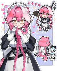 1girl animal_ears black_dress braid breasts broken_plate chattino_(raora_panthera) chibi commentary daemo72 dress duster english_commentary fang glasses gloves halberd heart highres holding holding_duster hololive hololive_english keyring large_breasts long_hair maid_headdress monocle panther_ears panther_tail pink_hair plate polearm raora_panthera raora_panthera_(maid) tail twin_braids virtual_youtuber weapon white_gloves yellow_eyes 