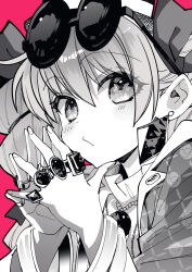  1girl bangle blush bracelet closed_mouth commentary_request dress drill_hair earrings eyes_visible_through_hair eyewear_on_head floral_print greyscale_with_colored_background hat highres jacket jewelry katayama_kei long_sleeves looking_at_viewer multiple_rings necklace open_clothes open_jacket own_hands_together pendant pink_background print_jacket ring round_eyewear solo steepled_fingers sunglasses top_hat touhou twin_drills upper_body yorigami_jo'on 