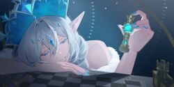  1girl absurdres anastasya_feodorovna_snezhnaya aristocratic_clothes arm_on_table blue_eyes blue_gem blue_nails blue_tiara chessboard collarbone colored_eyelashes fingernails fur_trim gem genshin_impact gnosis_(genshin_impact) grey_background grey_hair hair_intakes hair_over_shoulder hand_up head_rest highres holding kaze_(kazelina) looking_down parted_lips pointy_ears ringlets single_bare_shoulder solo tsurime white_eyelashes white_hair white_mouth 