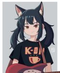  1girl absurdres animal_ears black_hair black_shirt border brown_eyes cat_ears grey_background guitar highres instrument k-on! kemonomimi_mode kuroyasha long_hair looking_at_viewer nakano_azusa print_shirt shirt simple_background smirk solo twintails upper_body white_border 