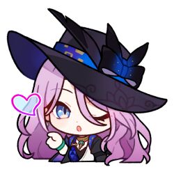  1girl blowing_kiss blue_eyes border bow chibi chibi_only commentary english_commentary hat hat_bow heart honkai:_star_rail honkai_(series) jade_(honkai:_star_rail) long_hair looking_at_viewer official_art one_eye_closed purple_hair purple_lips slit_pupils solo witch_hat 