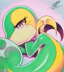  025aki absurdres blush brown_eyes colored_skin commentary_request dated green_skin highres looking_at_viewer multicolored_skin no_humans pokemon pokemon_(creature) signature snivy solo yellow_skin 
