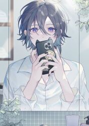  10_io 1boy bathroom black_hair black_nails cat_ear_smartphone_case cellphone commentary covered_mouth cup ear_piercing hair_between_eyes highres holding holding_phone holostars kanade_izuru long_sleeves looking_at_viewer male_focus mirror_selfie nail_polish phone phone_with_ears piercing plant reflection reflection_focus selfie shirt short_hair smartphone smartphone_case solo sticker straight-on tile_wall tiles untranslatable_commentary violet_eyes virtual_youtuber wet wet_hair white_shirt window wing_collar 