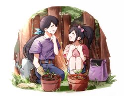  2girls aged_down alternate_costume alternate_hairstyle aubrey_(faraway)_(omori) aubrey_(omori) belt black_hair blue_pants blue_ribbon blue_shorts blush boots bow brown_belt brown_boots brown_gloves closed_eyes commentary denim english_commentary english_text flower_pot forest gloves hair_bow hair_ribbon highres jeans low_ponytail mari_(faraway)_(omori) mari_(omori) medium_hair multiple_girls nature omori open_mouth outdoors pants pink_bow pink_shirt plant ponytail potted_plant purple_shirt ribbon seiza shirt shorts sidelocks sitting smile t-shirt tree zhentan10806 