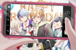  1other 2boys 2girls aoyagi_touya azusawa_kohane bad_id bad_twitter_id black_hair black_jacket blonde_hair blue_hair blush brown_hair cellphone closed_eyes closed_mouth confetti drawstring earrings facing_another fingernails gradient_hair green_eyes grey_eyes grin hair_ornament hairclip hand_up happy_birthday hat highres holding holding_phone hood hood_down hoodie jacket jacket_over_hoodie jewelry long_hair long_sleeves looking_at_viewer mole mole_under_eye multicolored_hair multiple_boys multiple_girls multiple_hairclips open_clothes open_jacket open_mouth orange_hair party_hat phone project_sekai sash shinonome_akito shiraishi_an short_hair short_twintails smartphone smile split-color_hair streaked_hair translation_request twintails two-tone_hair upper_body vivid_bad_squad_(project_sekai) yellow_hoodie yk62 