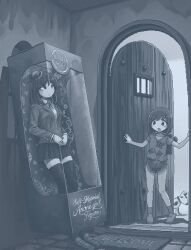  2girls bob_cut box closed_mouth dithering dog dolphin_shorts door doormat full_body greyscale hamsterfragment hannah_phillips hat jacket jaggy_lines lapels loafers long_sleeves medium_hair mini_hat monochrome multiple_girls notched_lapels open_door original pleated_skirt school_uniform shinohata_sachie_(hamsterfragment) shoes short_hair shorts skirt standing toy_story toy_story_1 