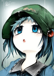  1girl blue_eyes blue_hair blue_shirt collared_shirt commentary_request dated green_hat grey_background hair_bobbles hair_ornament hat highres kawashiro_nitori looking_up newsboy_cap open_mouth portrait rain shirt short_hair signature solo touhou two_side_up youtube_snh 