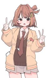  1girl :d blonde_streaks blush brown_eyes brown_hair brown_necktie brown_sweater collared_shirt commentary cowboy_shot double_v grey_skirt hair_intakes hair_ornament hair_rings hands_up highres hood hood_down hooded_jacket jacket long_sleeves medium_hair miniskirt mizuame_bakuhatsu multicolored_hair necktie pleated_skirt puffy_long_sleeves puffy_sleeves sendo_yuuhi sendo_yuuhi_(1st_costume) shirt simple_background single_hair_ring skirt smile solo streaked_hair sweater v v-shaped_eyebrows virtual_youtuber vspo! white_background white_shirt yellow_jacket 