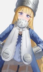  1girl absurdres blonde_hair blue_jacket commentary cryne garter_straps grey_hat hands_on_own_hips hat highres jacket long_hair looking_at_viewer norma_hollowell shako_cap simple_background solo standing thigh-highs violet_eyes white_garter_straps white_thighhighs zenless_zone_zero 