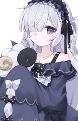  1girl bare_shoulders black_ribbon blue_dress blue_hairband bow collarbone commentary_request crescent crescent_necklace dress dress_bow frilled_dress frilled_hairband frilled_sleeves frills gothic_lolita hair_over_one_eye hair_ribbon hairband holding holding_stuffed_toy jewelry lolita_fashion lolita_hairband long_hair long_sleeves looking_at_viewer mahou_shoujo_no_majo_saiban natsume_an-an necklace off-shoulder_dress off_shoulder one_eye_covered polka_dot polka_dot_bow ribbon ritu_(xxoxx_01a) simple_background sleeve_bow sleeves_past_fingers sleeves_past_wrists solo stuffed_animal stuffed_sheep stuffed_toy upper_body violet_eyes white_background white_hair wide_sleeves 