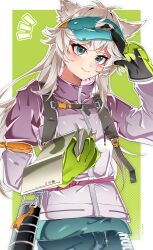  1girl absurdres akai_y0ru animal_ears arknights border cowboy_shot gloves green_background green_gloves grey_hair hair_between_eyes hand_up highres holding holding_map hongshan_forest_zoo jacket lappland_(arknights) long_hair long_sleeves looking_at_viewer map notice_lines official_alternate_costume outline outside_border purple_jacket salute scar scar_across_eye scar_on_face smile solo thermos two-finger_salute visor_cap white_border white_outline wolf_ears wolf_girl 