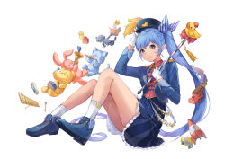  1girl absurdly_long_hair absurdres ankle_socks bare_legs belt black_skirt blazer blue_boots blue_bow blue_eyes blue_hair blue_hat blue_jacket boots bow collared_shirt commentary dot_nose english_commentary epaulettes eyelashes frilled_skirt frills full_body gloves grey_belt hair_bow hand_on_own_head hat hat_feather high-waist_skirt highres holding_baton instrument jack-in-the-box jacket knees_up long_hair long_sleeves looking_at_viewer military_hat military_uniform miniskirt musical_note musical_staff open_clothes open_jacket open_mouth original peaked_cap poe_(528yuzunon) red_shirt rocket rubber_duck shirt side_ponytail simple_background sitting skirt socks solo striped_bow striped_clothes striped_skirt stuffed_animal stuffed_cat stuffed_rabbit stuffed_toy surprised tareme teddy_bear toy_block toy_car toy_robot toy_train two-tone_bow vertical-striped_clothes vertical-striped_skirt very_long_hair white_background white_bow white_gloves white_socks xylophone 
