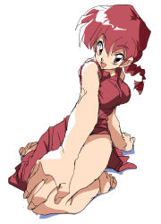  1girl bare_legs barefoot braid breasts brown_eyes commentary_request dress highres looking_at_viewer ranma_1/2 red_dress red_hair saotome_ranma saotome_ranma_(female) shino_(2919) short_hair simple_background 