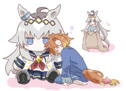  2girls ahoge animal_ears blanket blue_eyes blue_pajamas blue_skirt blush closed_eyes commentary_request crown ear_ornament full_body grey_hair hair_between_eyes head_on_another's_shoulder holding holding_blanket horse_ears horse_girl horse_tail jacket long_hair long_sleeves mini_crown mokuroo multiple_girls oguri_cap_(starlight_beat)_(umamusume) oguri_cap_(umamusume) open_clothes open_jacket orange_hair pajamas pink_crown pleated_skirt school_uniform seiza serafuku short_hair sitting skirt squeans stuffed_animal stuffed_toy t.m._opera_o_(umamusume) tail textless_version trembling umamusume white_background 