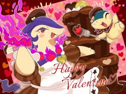  apron brown_dress brown_hat cake chocolate_cake clothed_pokemon cyndaquil dress fangs fire food fork happy_valentine hat heart highres hisuian_typhlosion holding holding_fork holding_spatula nostrils open_mouth pokemon pokemon_(creature) pokemon_cafe_remix purple_fire red_eyes runachikku spatula white_apron 