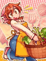  1girl apron artist_name basket breasts brown_hair cooking_mama crayonfriend food headscarf highres holding holding_basket looking_at_viewer mama_(cooking_mama) open_mouth pants pink_headscarf pink_shoes shirt shoes short_hair smile solo sparkle sparkling_eyes vegetable white_shirt yellow_apron 