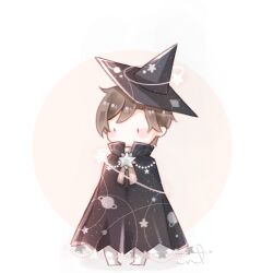  1boy beads black_cloak black_eyes black_hat blush_stickers boots brooch brown_hair chibi chinese_commentary circlet cloak collared_cloak collared_shirt commentary_request hat high_collar interruption_(echo-023) jewelry looking_ahead male_focus neck_ribbon orange_background orange_ribbon planet_print planetary_ring print_cloak quanzhi_gaoshou ribbon shadow shirt short_hair signature single_stripe solid_oval_eyes solo space_print standing star_brooch starry_sky_print striped_ribbon two-tone_background wang_jiexi white_background white_boots white_shirt wizard_hat 