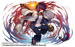  1girl bandages commentary_request earrings fire geta hair_ornament holding holding_ofuda holding_sword holding_weapon japanese_clothes jewelry kimono multicolored_hair nakamura_eight official_art ofuda one_eye_covered pink_hair purple_hair puzzle_&amp;_dragons red_bandage seina_(p&amp;d) short_hair solo streaked_hair sword weapon white_kimono 