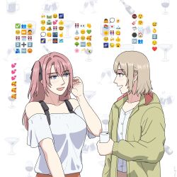  2girls alcohol black_ribbon blue_eyes blush closed_eyes closed_mouth commentary emoji english_commentary grey_hair hair_intakes hair_ribbon highres holding kamiina_botan kamiina_botan_yoeru_sugata_wa_yuri_no_hana lildromaius64 long_hair multiple_girls off-shoulder_shirt off_shoulder pink_hair ribbon shirt short_hair simple_background smile tonami_ibuki two_side_up upper_body violet_eyes white_background white_shirt yuri 
