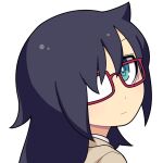  1girl bags_under_eyes black_hair blue_eyes brown_jacket closed_mouth commentary_request expressionless glasses hair_between_eyes hair_over_one_eye hospital_king jacket kuroki_tomoko long_bangs long_hair looking_at_viewer opaque_glasses partially_opaque_glasses portrait red-framed_eyewear shaft_look shirt simple_background solo watashi_ga_motenai_no_wa_dou_kangaetemo_omaera_ga_warui! white_background white_shirt 