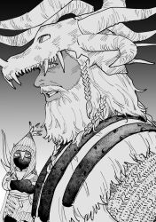  2boys armor beard bee_n_k_t bow_(weapon) braid chainmail commentary_request crossed_arms dragon_skull elden_ring elden_ring_nightreign facial_hair from_side full_beard fur_trim gloves gradient_background grin helmet highres hood ironeye_(elden_ring) jitome looking_at_viewer mask monochrome mouth_mask multiple_boys multiple_braids quiver raider_(elden_ring) smile standing tan upper_body weapon 