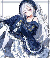  1girl bare_shoulders black_ribbon blue_dress blue_hairband bow closed_mouth crescent crescent_necklace dress dress_bow frilled_dress frilled_hairband frilled_sleeves frilled_socks frills gothic_lolita hair_over_one_eye hair_ribbon hairband highres jewelry lolita_fashion lolita_hairband long_hair long_sleeves looking_at_viewer mahou_shoujo_no_majo_saiban natsume_an-an necklace off-shoulder_dress off_shoulder pantyhose polka_dot polka_dot_bow ribbon simple_background sitting sleeve_bow sleeves_past_fingers sleeves_past_wrists socks solo sumishake violet_eyes white_background white_hair white_pantyhose white_sleeves wide_sleeves 