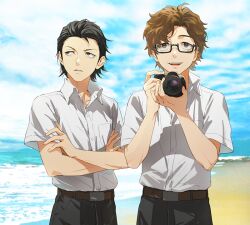  2boys beach belt black-framed_eyewear black_hair black_pants blue_sky brown_belt brown_eyes brown_hair buttons camera crossed_arms dress_shirt facing_viewer glasses hiraga_keisuke holding holding_camera isa_(peien516) looking_ahead looking_to_the_side male_focus multiple_boys ocean odagiri_hidetoshi outdoors pants persona persona_3 rectangular_eyewear sand shirt shirt_tucked_in short_sleeves sky standing white_shirt 