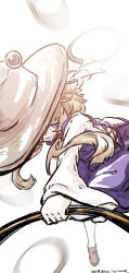  1girl absurdres artist_name blonde_hair brown_hat brown_shoes chakram commentary_request grin hat highres holding holding_chakram holding_weapon loafers long_sleeves looking_at_viewer moriya's_iron_rings moriya_suwako one-hour_drawing_challenge purple_skirt purple_vest shoes simple_background skirt skirt_set smile solo throwing touhou ve1024 vest violet_eyes weapon white_background wide_sleeves 