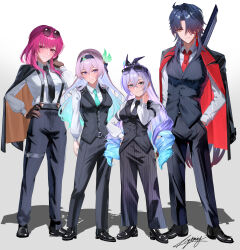  1boy 3girls absurdres alternate_costume aqua_eyes aqua_necktie belt black_belt black_hair black_hairband black_jacket black_necktie black_pants black_shoes black_vest blade_(honkai:_star_rail) blade_(jepella_rebellion)_(honkai:_star_rail) blue_hair breasts brown_gloves buttons closed_mouth collared_shirt commentary_request crossed_bangs double-breasted drill_hair earrings expressionless eyewear_on_head firefly_(honkai:_star_rail) full_body gloves gradient_background gradient_hair grey_eyes grey_hair hair_between_eyes hair_ornament hair_ribbon hairband hand_in_pocket hand_on_own_hip hand_on_own_neck hand_up highres holding holding_behind_back holding_sword holding_weapon holding_weapon_behind_back honkai:_star_rail honkai_(series) jacket jacket_on_shoulders jewelry kafka_(honkai:_star_rail) kafka_(jepella_rebellion)_(honkai:_star_rail) long_hair long_sleeves looking_at_viewer medium_breasts miya-chan_(lightning0730) multicolored_hair multiple_girls necktie official_alternate_costume orange_eyes pants pince-nez purple_hair red_necktie ribbon shirt shoes signature silver_wolf_(honkai:_star_rail) simple_background single_earring smile stellaron_hunters_(honkai:_star_rail) striped_clothes striped_pants sunglasses suspenders sword two-sided_fabric two-sided_jacket very_long_hair vest violet_eyes waistcoat weapon white_shirt 