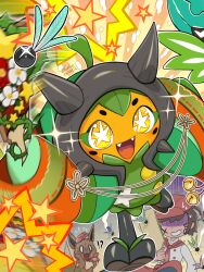  1other commentary_request eevee fangs hagoita hane_(hanetsuki) hanetsuki highres holding holding_paddle ogerpon ogerpon_(teal_mask) open_mouth paddle pokemon pokemon_(creature) pokemon_cafe_remix runachikku running scared star-shaped_pupils star_(symbol) symbol-shaped_pupils 