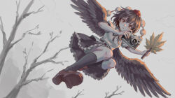  1girl bare_tree belt bird_girl bird_wings black_belt black_hair black_ribbon black_skirt black_socks branch breasts buttons collared_shirt commentary_request day feathered_wings flying frills full_body geta hair_between_eyes hand_fan hands_up hat highres holding holding_fan kneehighs leaf looking_at_viewer looking_down maple_leaf medium_breasts neck_ribbon outdoors pom_pom_(clothes) puffy_short_sleeves puffy_sleeves red_eyes red_hat red_shoes ribbon shameimaru_aya shirt shoes short_hair short_sleeves skirt sky socks solo teeth tengu-geta tokin_hat touhou tree user_ardu5834 v-shaped_eyebrows viewfinder white_shirt white_sky wings 