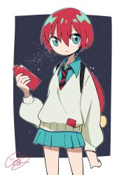  1girl absurdres amate_yuzuriha aqua_eyes backpack bag black_necktie bob_cut border cellphone closed_mouth collared_shirt commentary_request cowboy_shot expressionless generalcanon grey_background gundam gundam_gquuuuuux hair_between_eyes highres holding holding_phone light_blush long_sleeves looking_at_viewer medium_hair necktie phone pleated_skirt puffy_sleeves red_hair red_necktie shirt sidelocks sideways_glance signature skirt solo star_(sky) starry_sky_background striped_clothes striped_necktie sweater thighs two-tone_background two-tone_necktie white_border yellow_sweater 