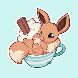  alt_text aqua_background artist_name brown_eyes cinnamon_stick coffeeclaws commentary cup eevee english_commentary happy highres lying mug no_humans one_eye_closed open_mouth pokemon pokemon_(creature) smile solo sprinkles whipped_cream 